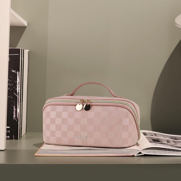 Makeup Bag for Women Travel Waterproof Vegan Leather Cosmetic Bag Open Flat Toil - Picture 8 of 9